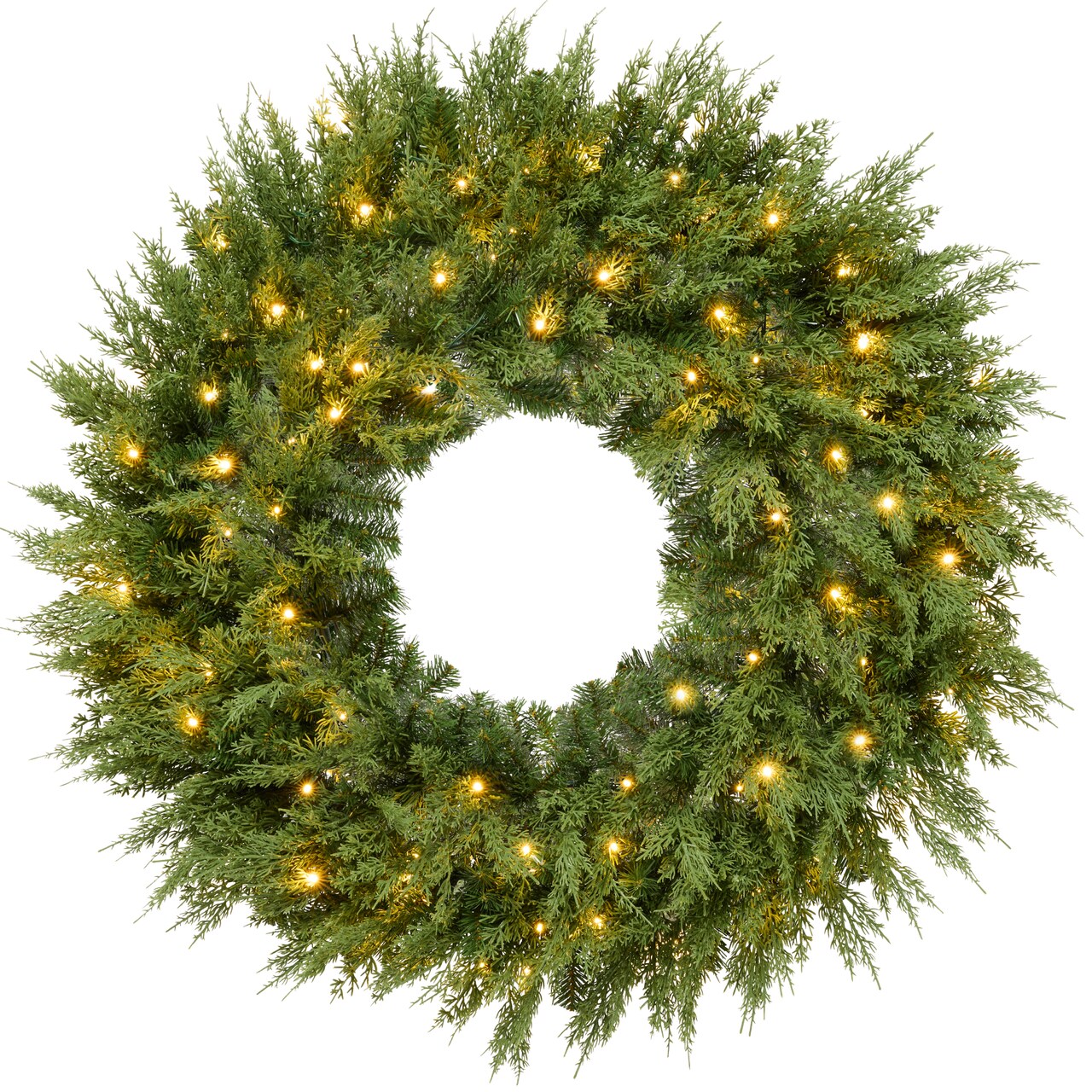 Pre-Lit Cedar Cypress Christmas Wreath w/ Twinkling LEDs, Realistic Large Indoor/Outdoor Holiday Decor, Plug-In​